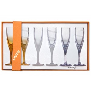 Coffret de 6 fl&ucirc;tes &agrave; champagne en cristal color&eacute;